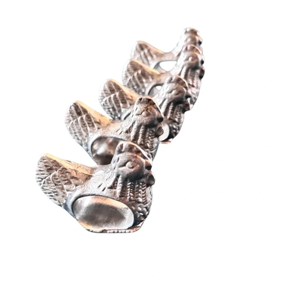 Vintage VTG Wilton Armetale Metal Pewter Chicken Napkin Rings X5 Set USA Made